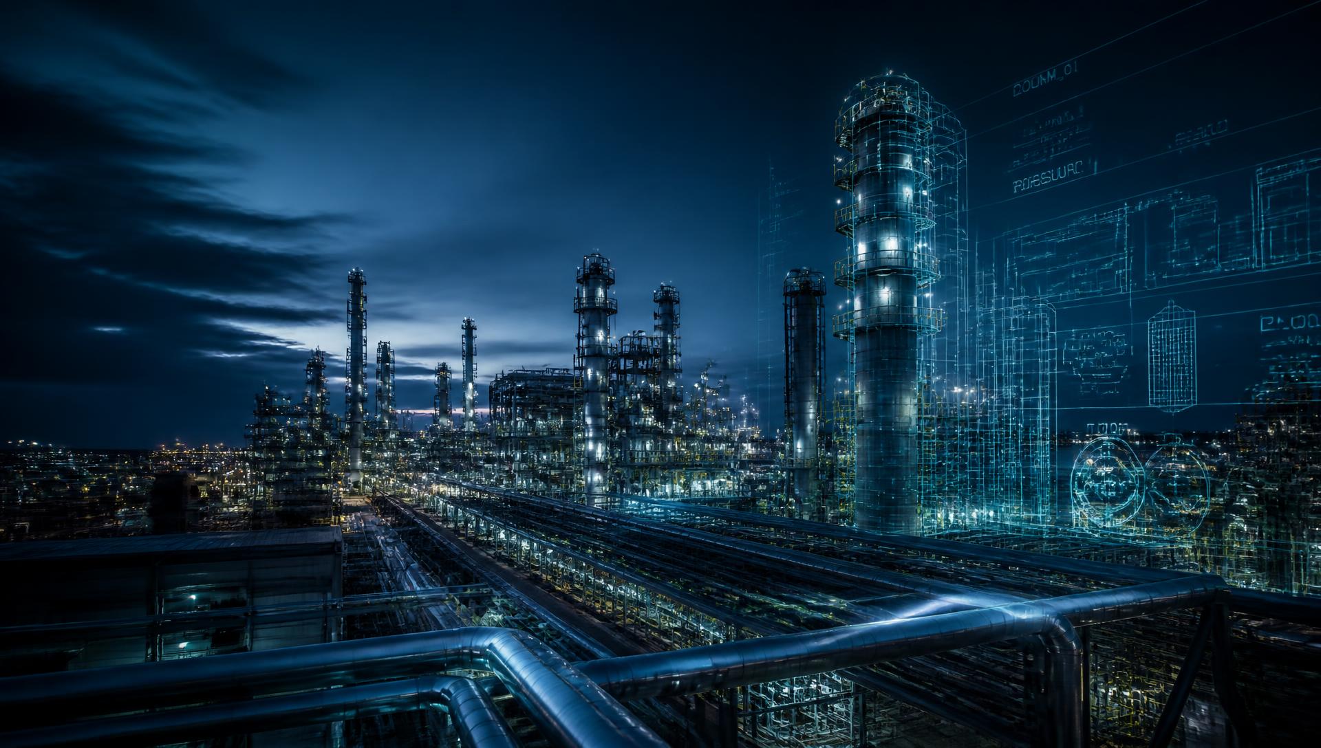 Petrochemical complex at night with a digital twin engineering data overlay